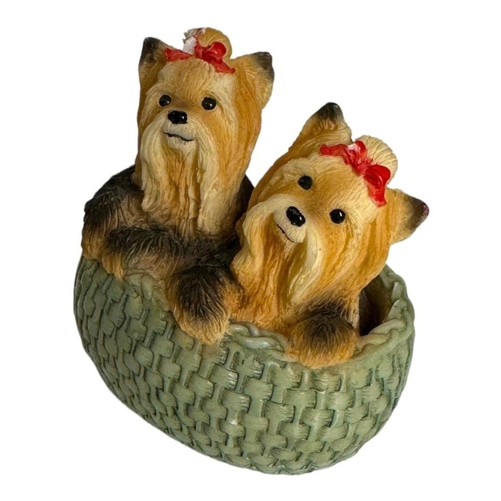 Dog Mate Cute Puppies Figurine Two Yorkie Puppies in a Basket Sculpture Statue